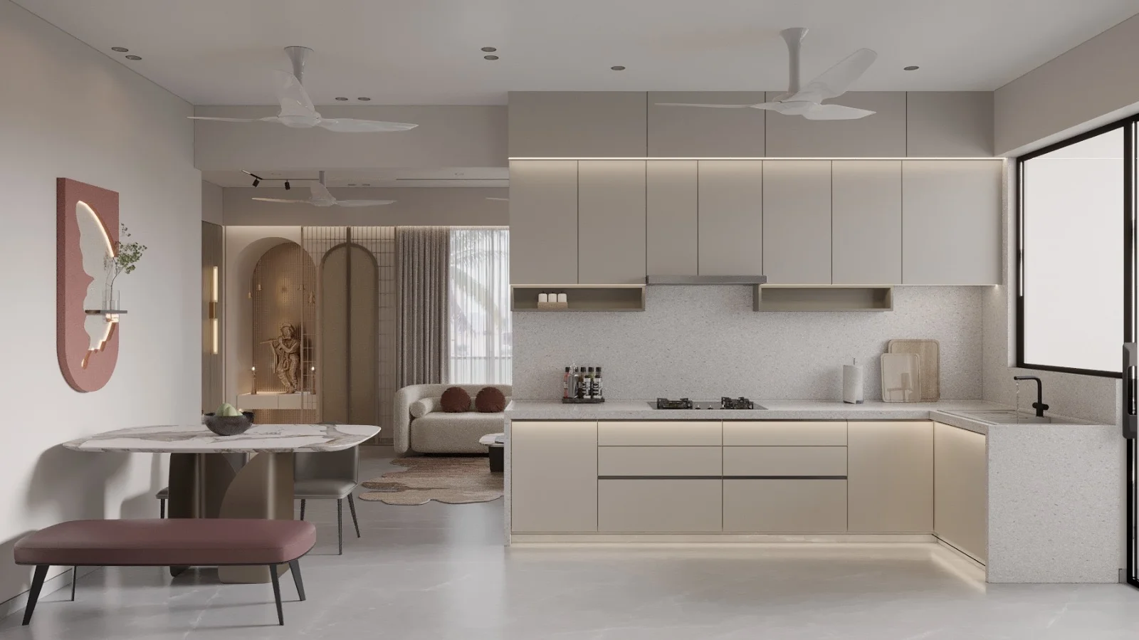 Infinity Sky wide kitchen and dining area with modern finishes