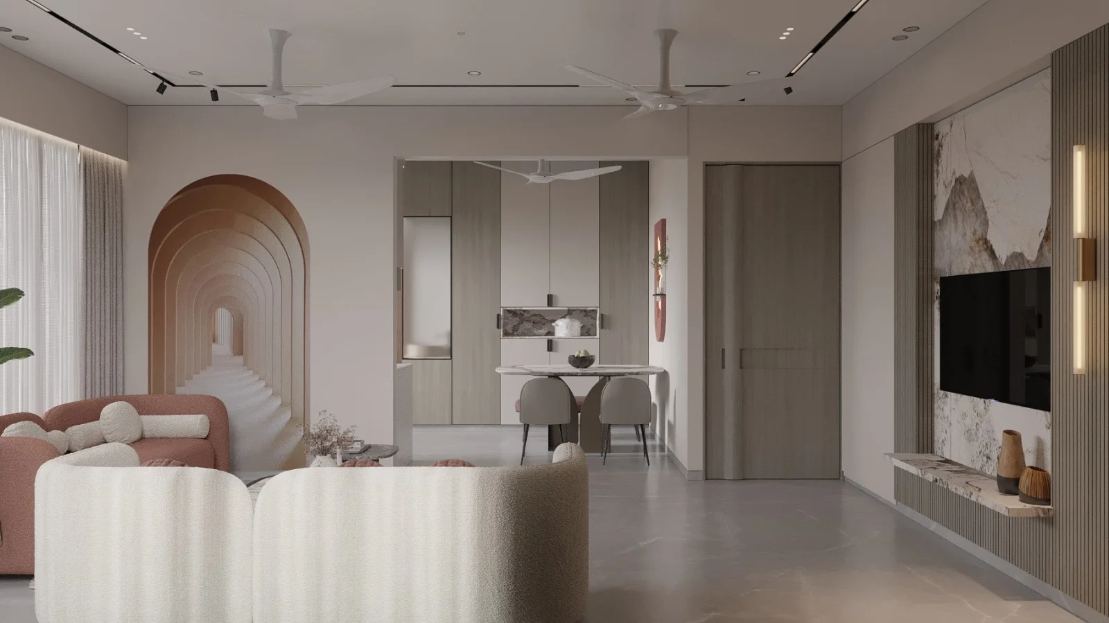 Infinity Sky grand living room interior with premium finishes, bright open space, warm lighting